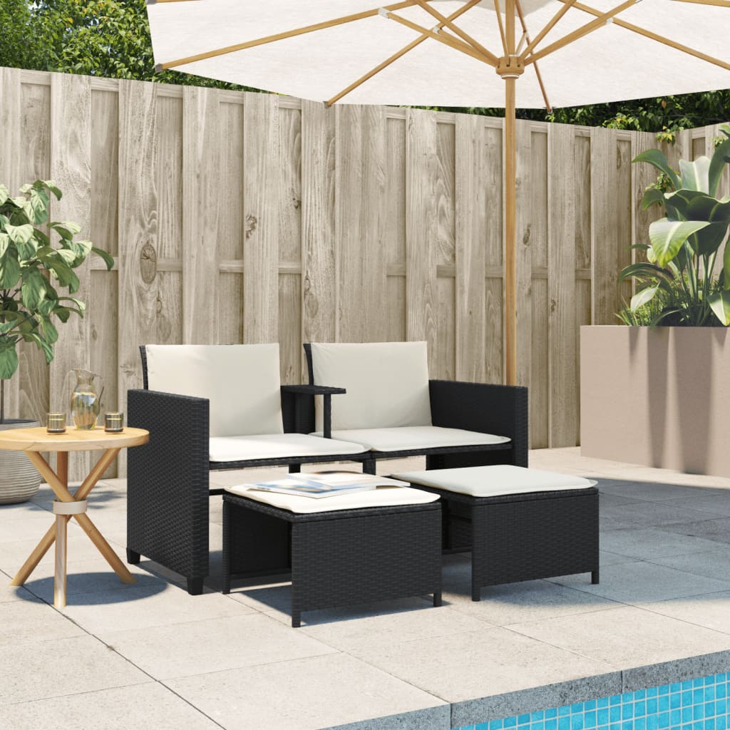 2-personers havesofa med bord og skamler polyrattan sort