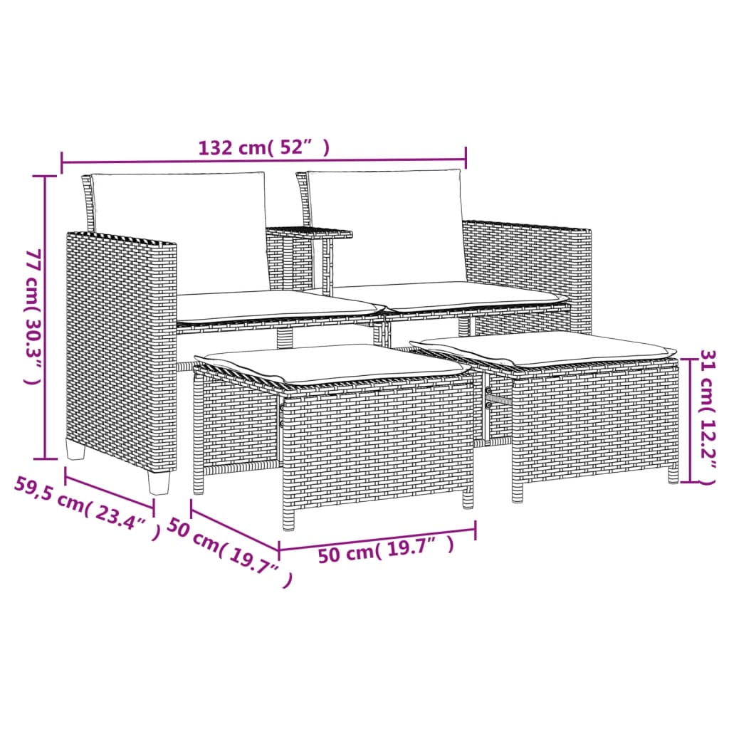 2-personers havesofa med bord og skamler polyrattan sort