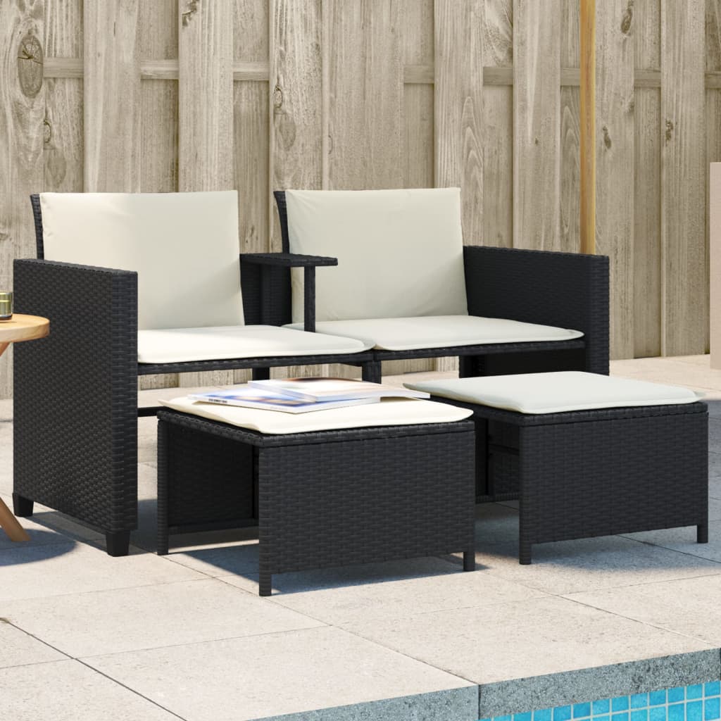 2-personers havesofa med bord og skamler polyrattan sort