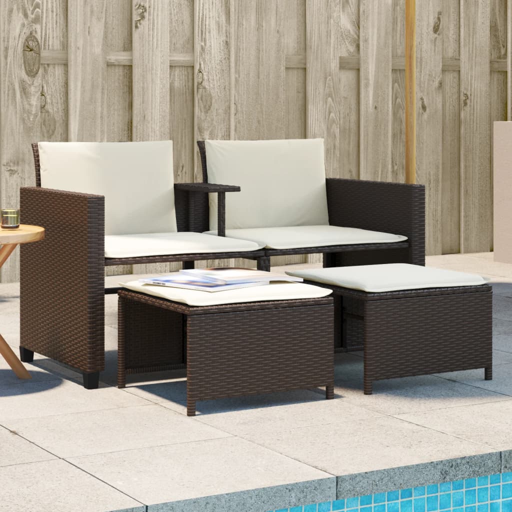 2-personers havesofa med bord og skamler polyrattan brun