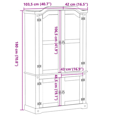 glasskab Corona 103,5x42x180 cm massivt fyrretræ