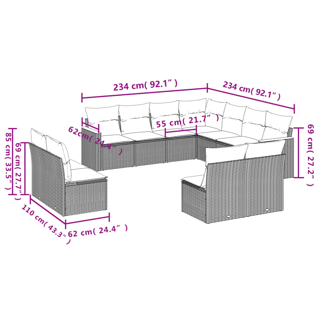 sofasæt til haven 11 dele med hynder polyrattan sort