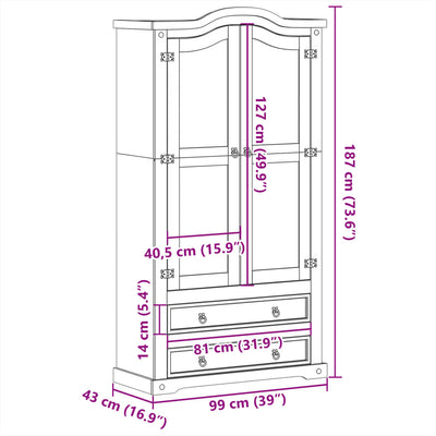 glasskab Corona 99x43x187 cm massivt fyrretræ