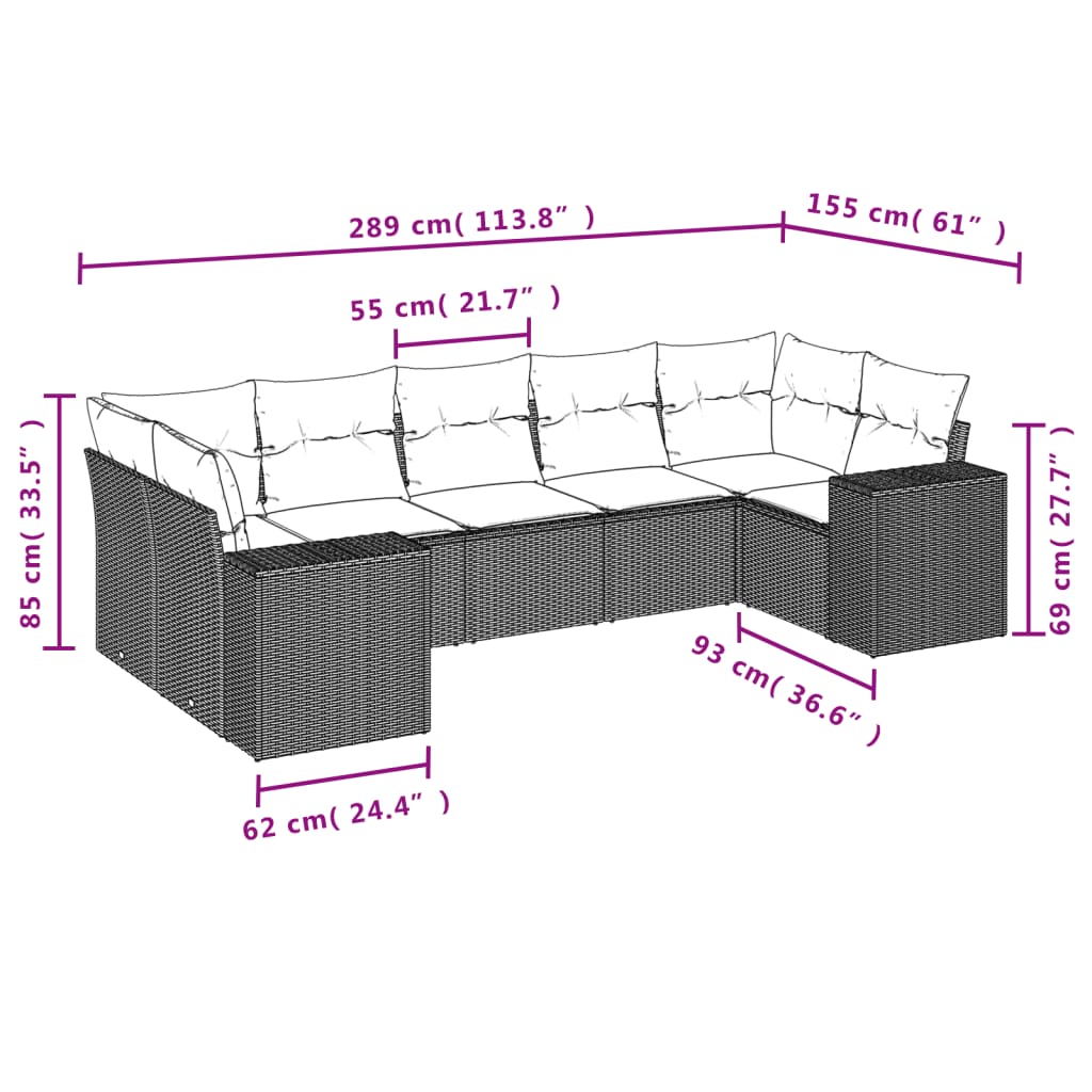 sofasæt til haven 7 dele med hynder polyrattan sort