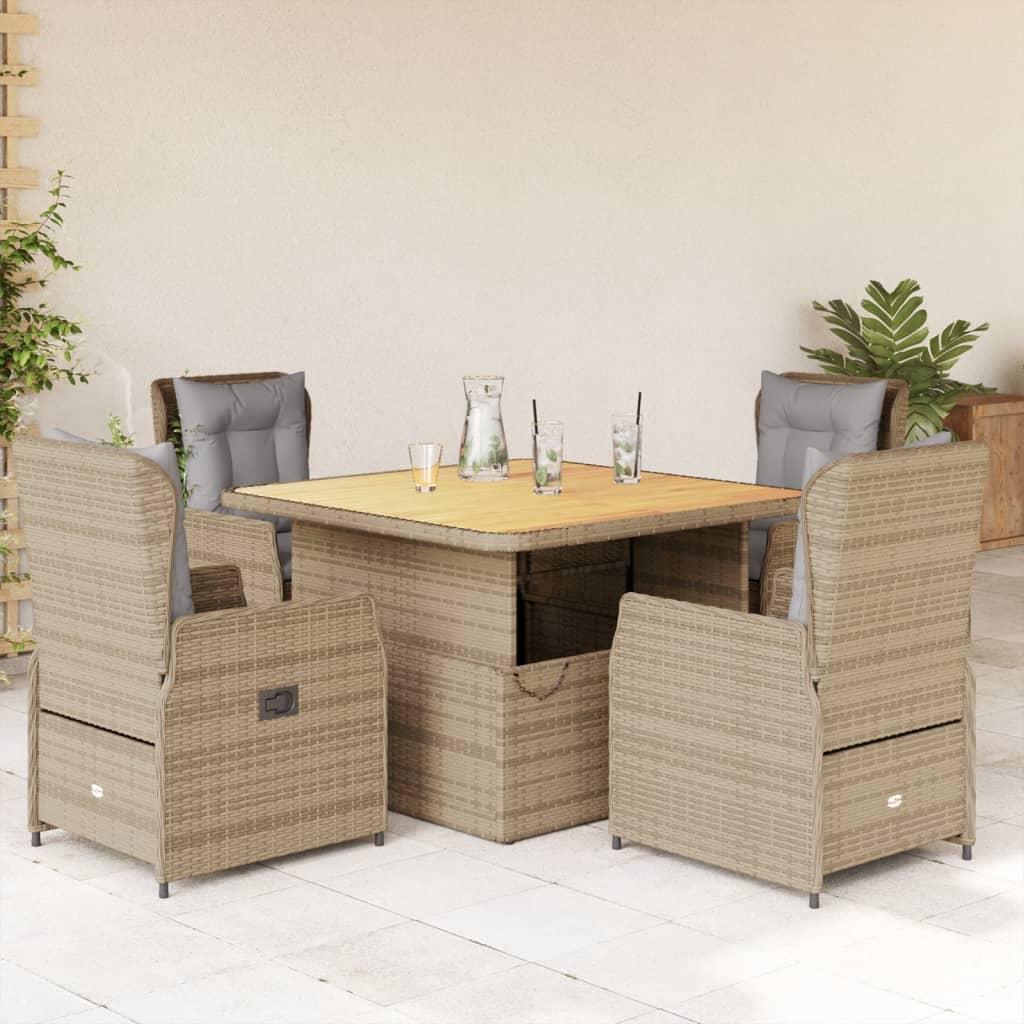 spisebordssæt til haven 5 dele med hynder polyrattan beige