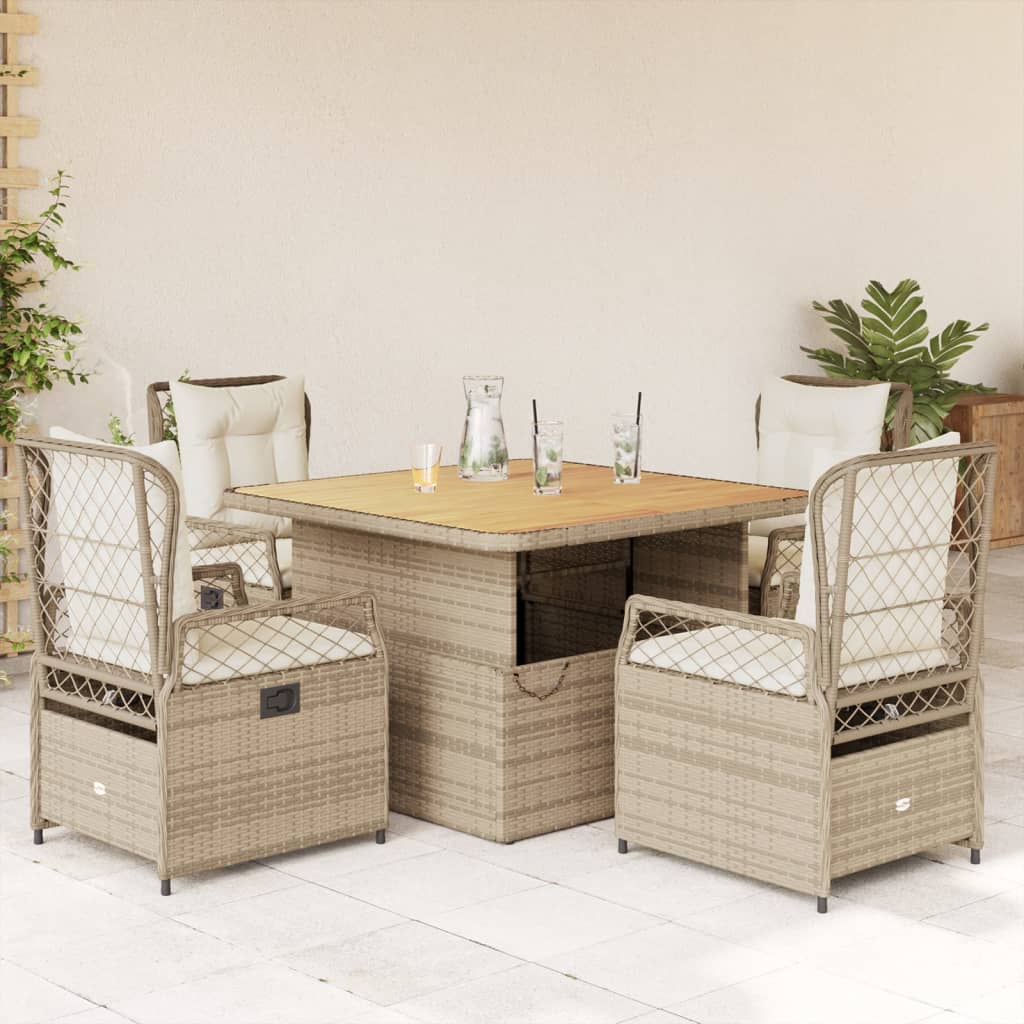 spisebordssæt til haven 5 dele med hynder polyrattan beige