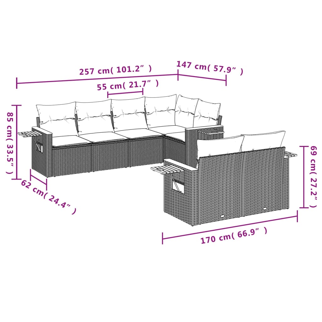 sofasæt til haven 7 dele med hynder polyrattan sort