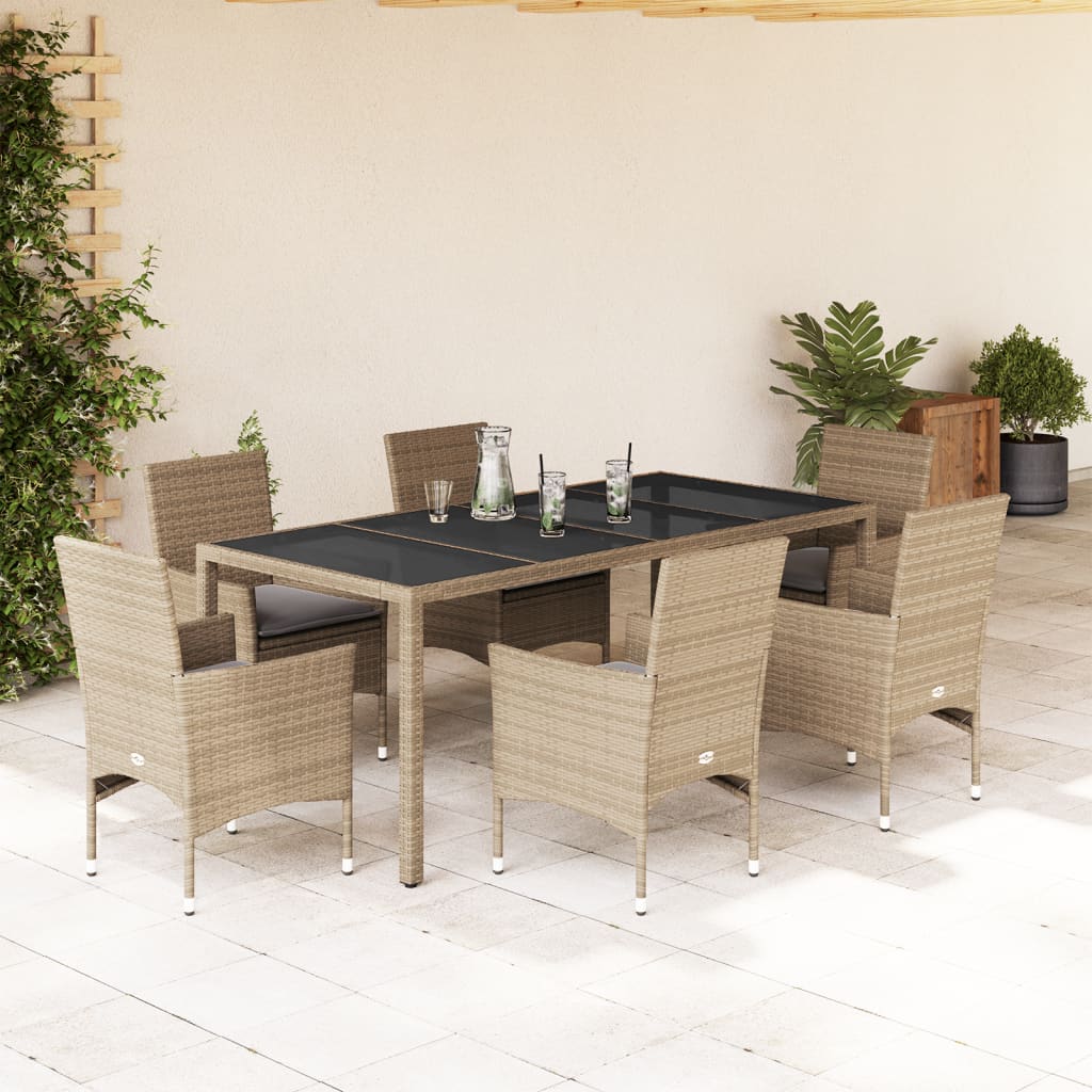 spisebordssæt til haven 7 dele med hynder polyrattan og glas