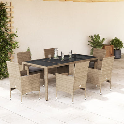 spisebordssæt til haven 7 dele med hynder polyrattan og glas