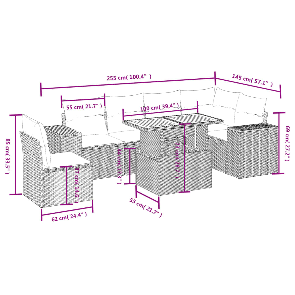 sofasæt til haven 7 dele med hynder polyrattan sort