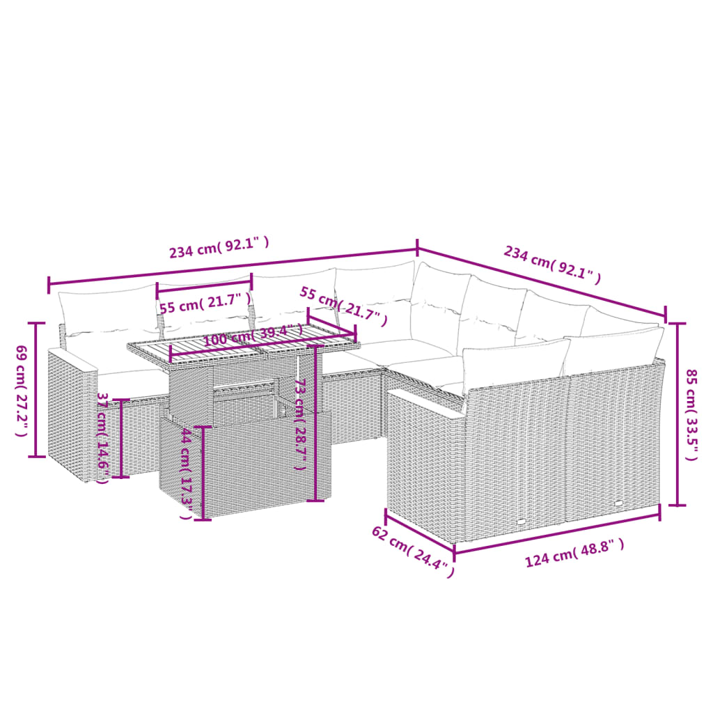 sofasæt til haven 9 dele med hynder polyrattan beige