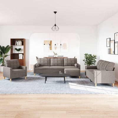 sofasæt 4 dele med fodskammel og pyntepuder stof gråbrun