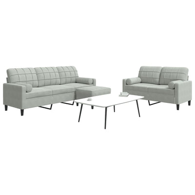 sofasæt 3 dele med hynder og bolsterpuder velour lysegrå
