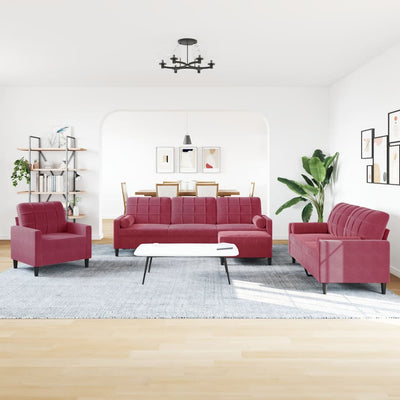 sofasæt 4 dele med hynder og bolsterpuder velour vinrød