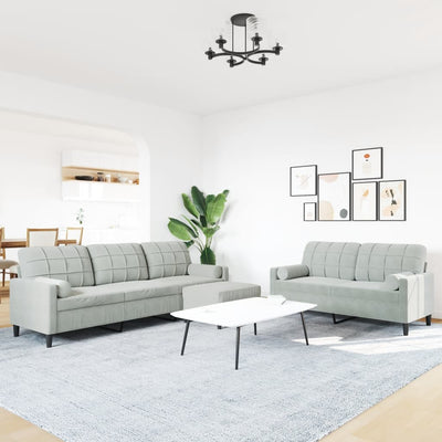 sofasæt 3 dele med hynder og bolsterpuder velour lysegrå