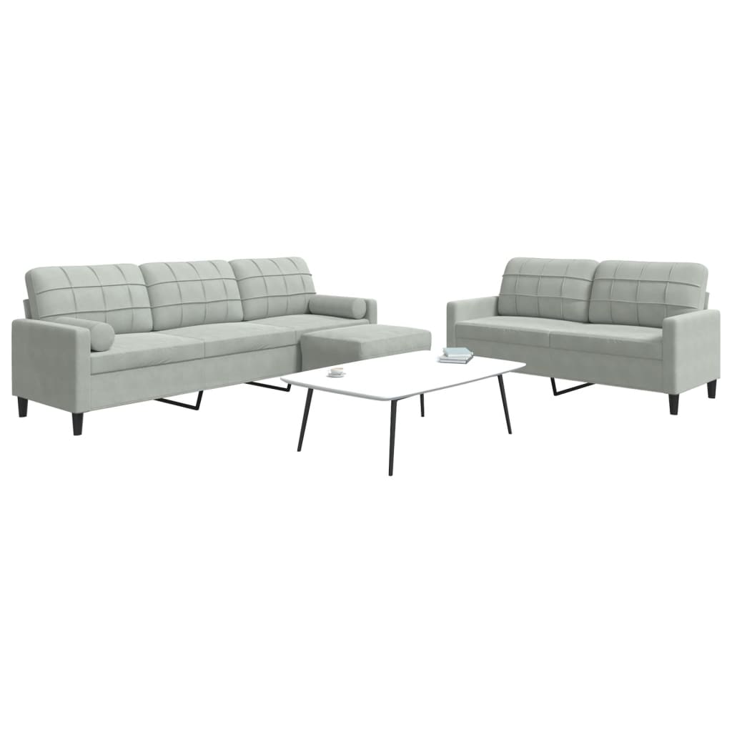 sofasæt 3 dele med hynder og bolsterpuder velour lysegrå