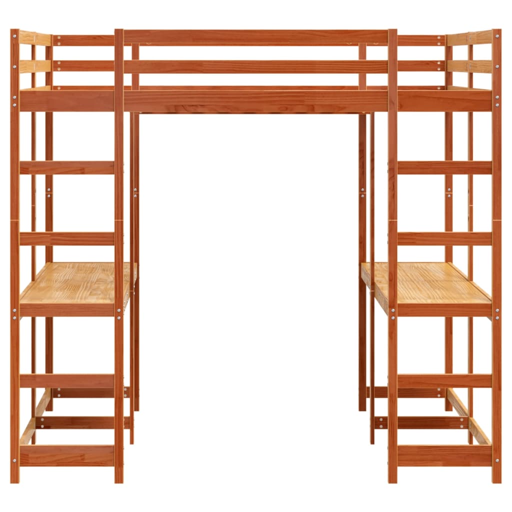 højseng med skrivebord 160x200 cm massivt fyrretræ gyldenbrun