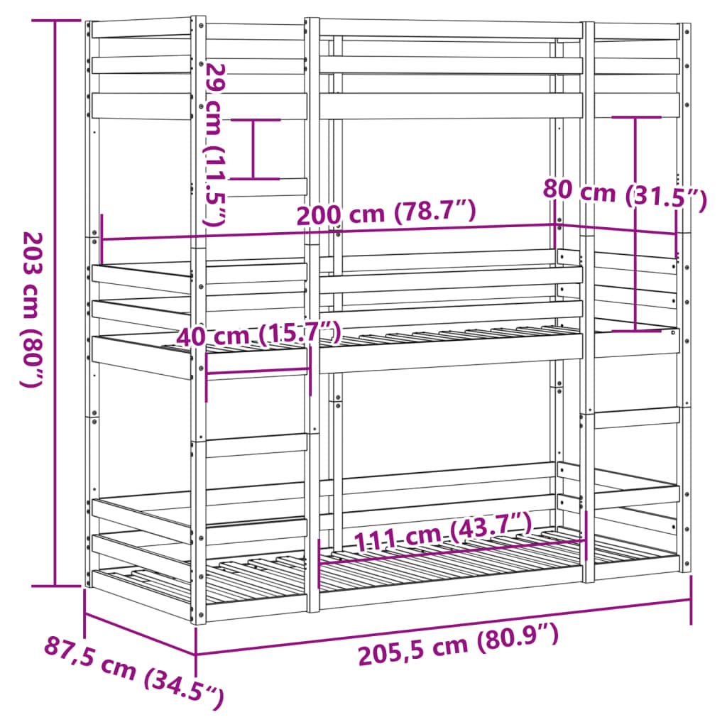 tredobbelt køjeseng 80x200 cm massivt fyrretræ hvid
