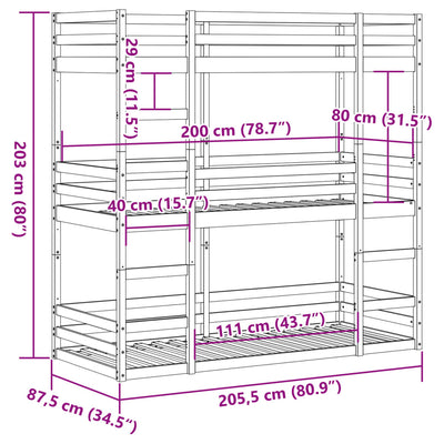 tredobbelt køjeseng 80x200 cm massivt fyrretræ hvid