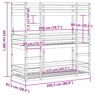 tredobbelt køjeseng 90x200 cm massivt fyrretræ hvid