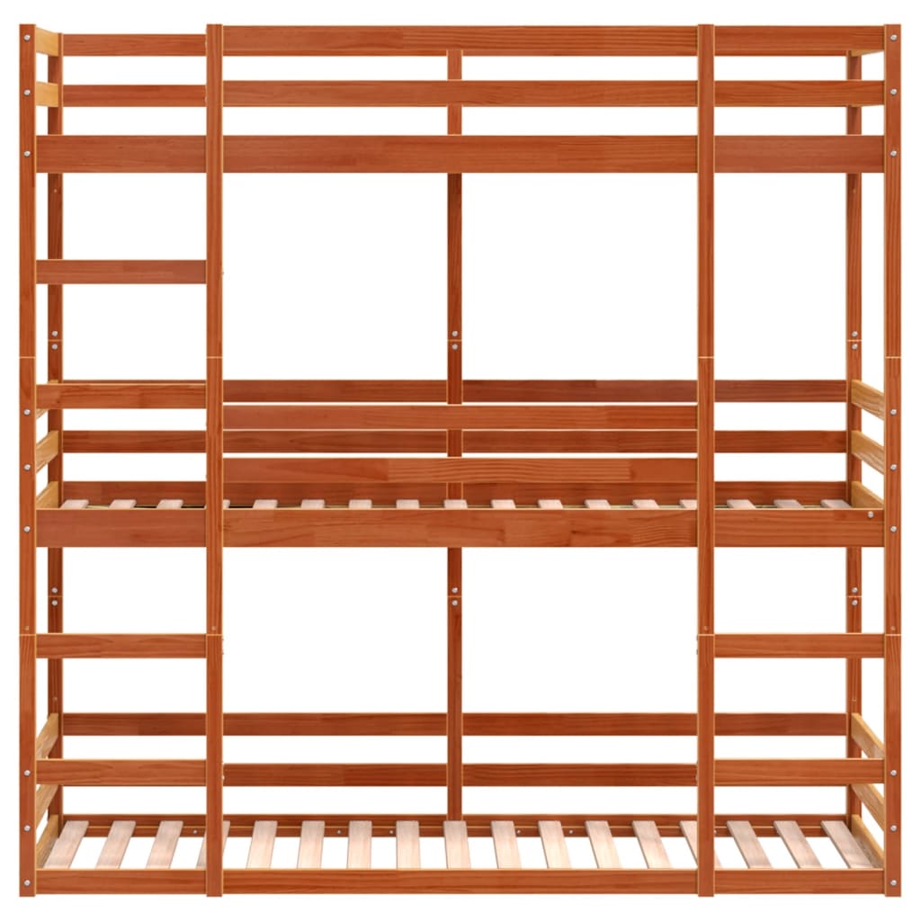 tredobbelt køjeseng 90x200 cm massivt fyrretræ voksbrun