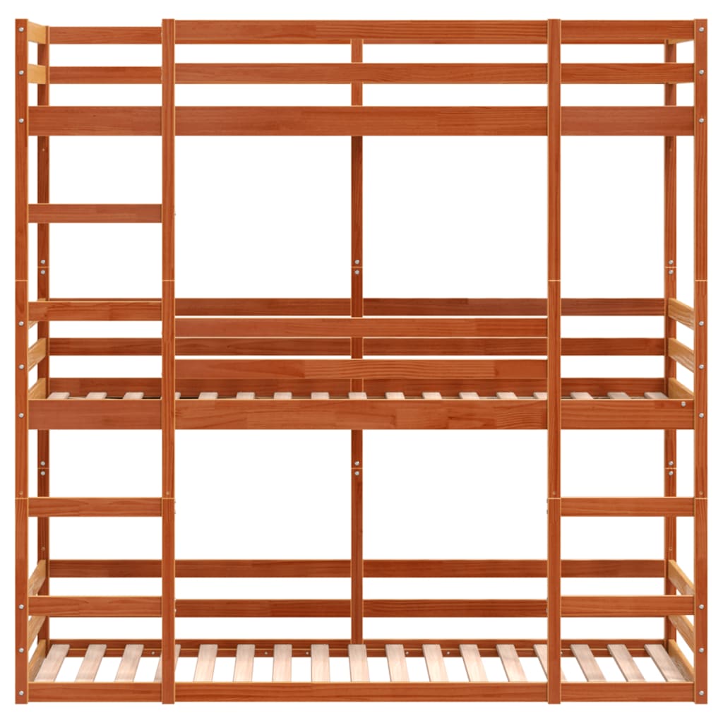 tredobbelt køjeseng 75x190 cm massivt fyrretræ voksbrun