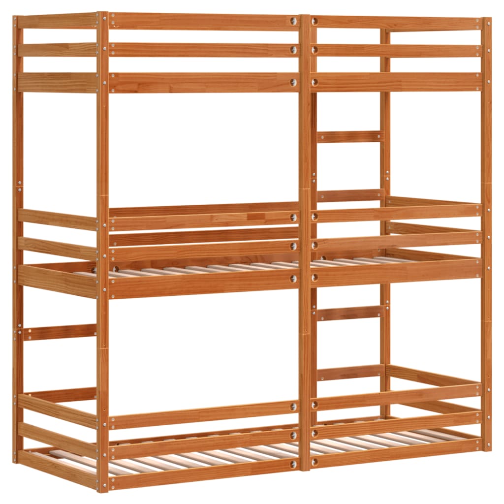tredobbelt køjeseng 75x190 cm massivt fyrretræ voksbrun