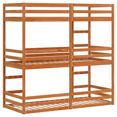 tredobbelt køjeseng 75x190 cm massivt fyrretræ voksbrun