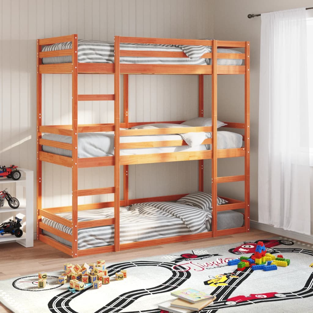 tredobbelt køjeseng 75x190 cm massivt fyrretræ voksbrun