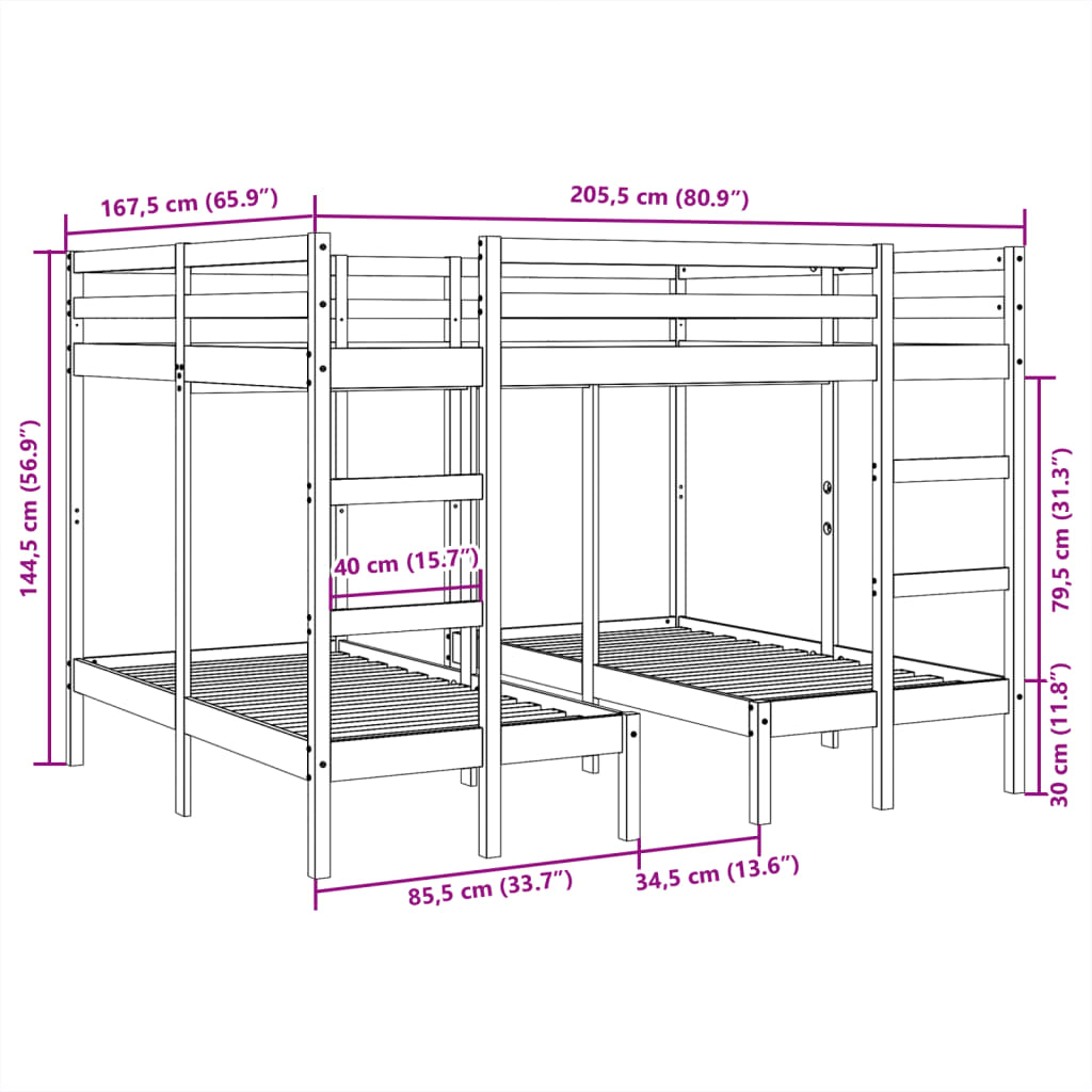 tredobbelt køjeseng 160x200/80x160 cm massivt fyrretræ