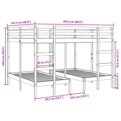 tredobbelt køjeseng 160x200/80x160 cm massivt fyrretræ