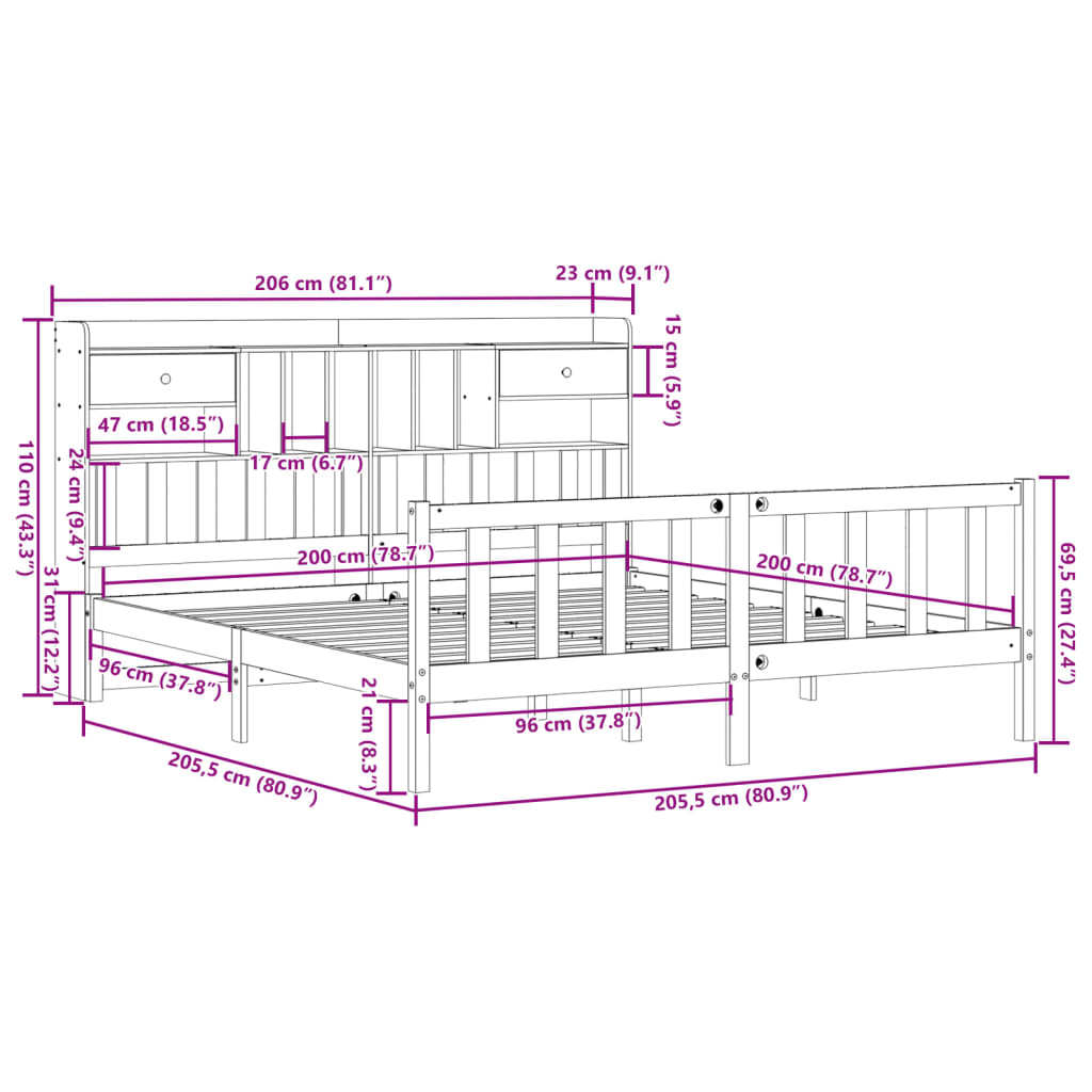 seng med reol uden madras 200x200 cm massivt fyrretræ