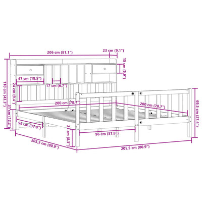 seng med reol uden madras 200x200 cm massivt fyrretræ