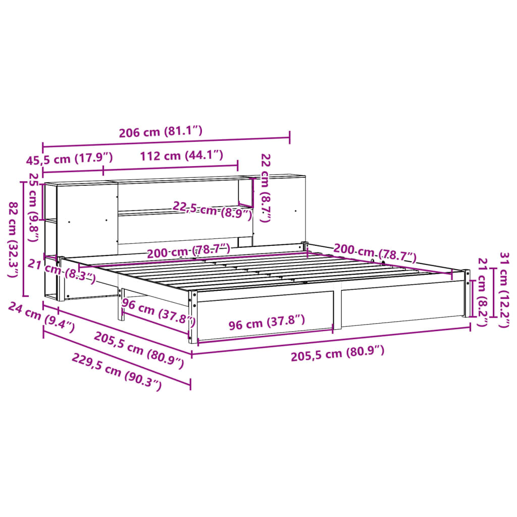 seng med reol uden madras 200x200 cm massivt fyrretræ hvid