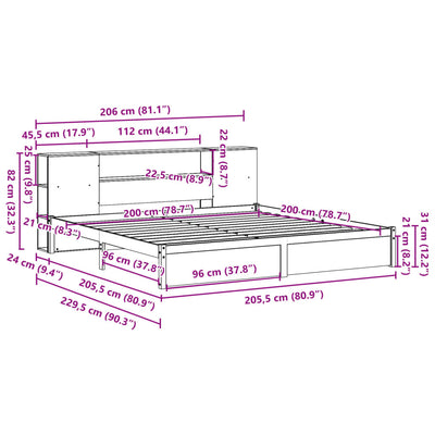 seng med reol uden madras 200x200 cm massivt fyrretræ hvid