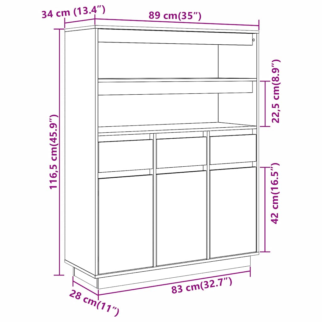 højskab 89x34x116,5 cm massivt fyrretræ hvid